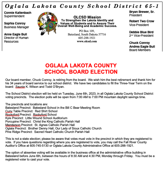 Oglala Lakota County School Board Election Oglala Lakota County School District