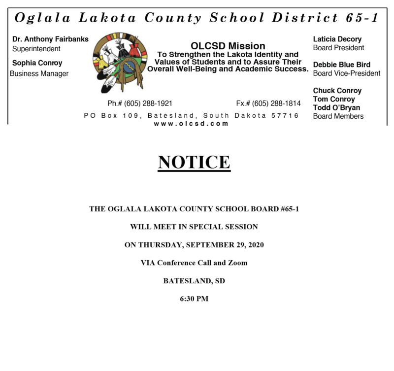 September 29, 2020 Special Board Meeting