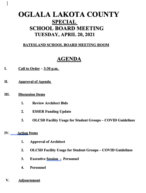 Special Board Meeting Notice and Agenda 4202021 Oglala Lakota